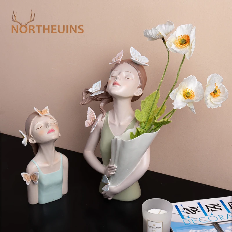 NORTHEUINS Butterfly Girl Resin Sculpture Character Model Vase Modern Storage Statues Home Living Room Desktop Decor Accessories