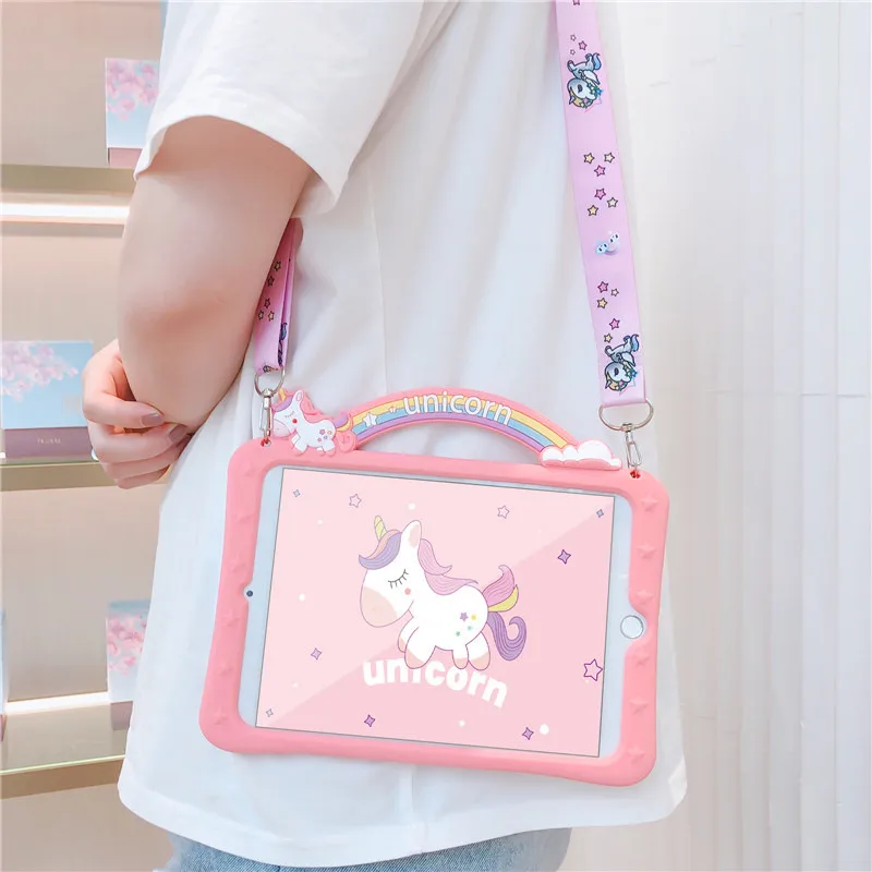 สำหรับIpad Pro 2020 11 ''10.5 iPad 2019กรณีน่ารักUnicornซิลิโคนอ่อนครอบคลุมLanyardสำหรับiPad Mini 4 5 9.7นิ้วiPad 2018 Fundas