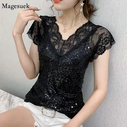 Blusa Sexy de encaje con cuello en V para mujer, retales de gasa con lentejuelas brillantes, Top elegante de manga corta, camiseta negra delgada 2023