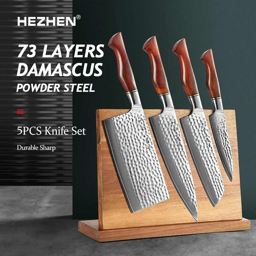 

HEZHEN 1-5PC Kitchen Knife Set Vacuum & Deep Freezer Heat Treatment 73 Layers Powder Damascus Steel Chef Cooking Tools