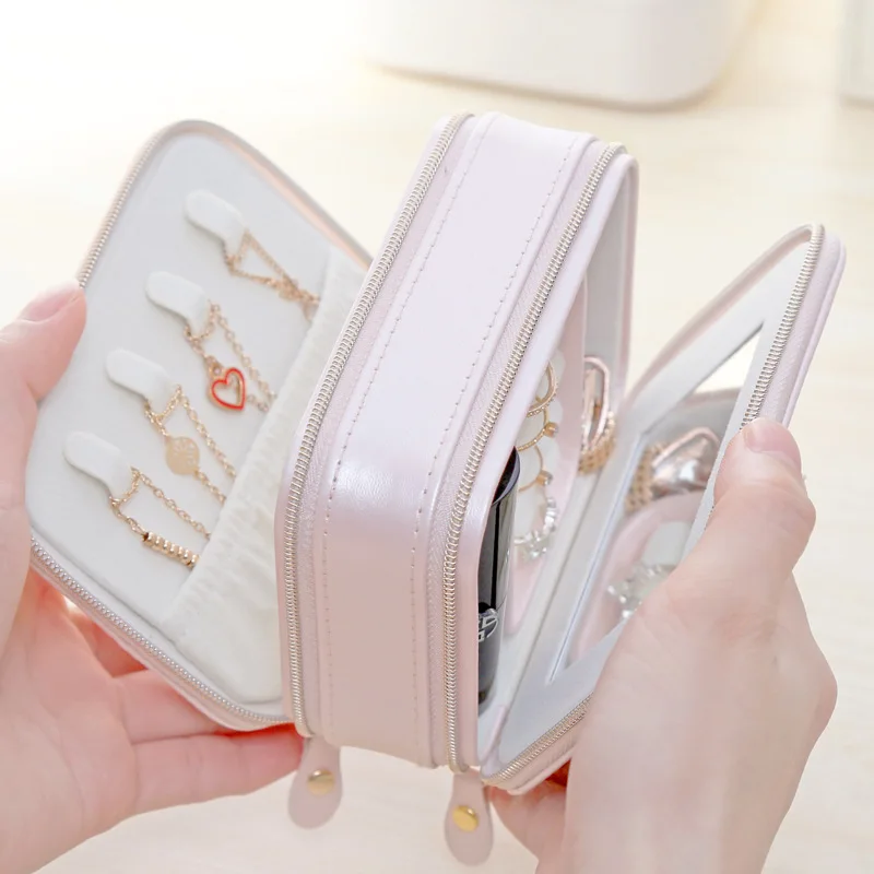 PU Leather Jewelry Box Travel Necklace Earrings Ring Box Portable Box for Rings Zipper Leather Storage Organizer for Jewelry