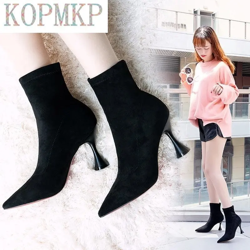 2021 New Fashion Women Ankle Boots Pointed Toe High Heel Stiletto Soft Suede Slip-on Boot Purple Black Red Cozy Botas Flock