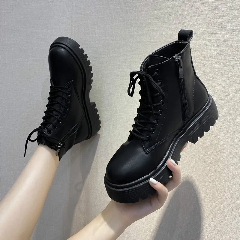 Black Platform Boots Women Boots Winter Leathe Boots Lace Up Ankle Boots Motorcycle Thick Heel Platform High Heels