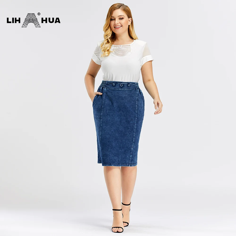 LIH HUA Women\'s Plus Size Denim Skirt Cotton Spring Elastic Fashion Casual Knit Skirt