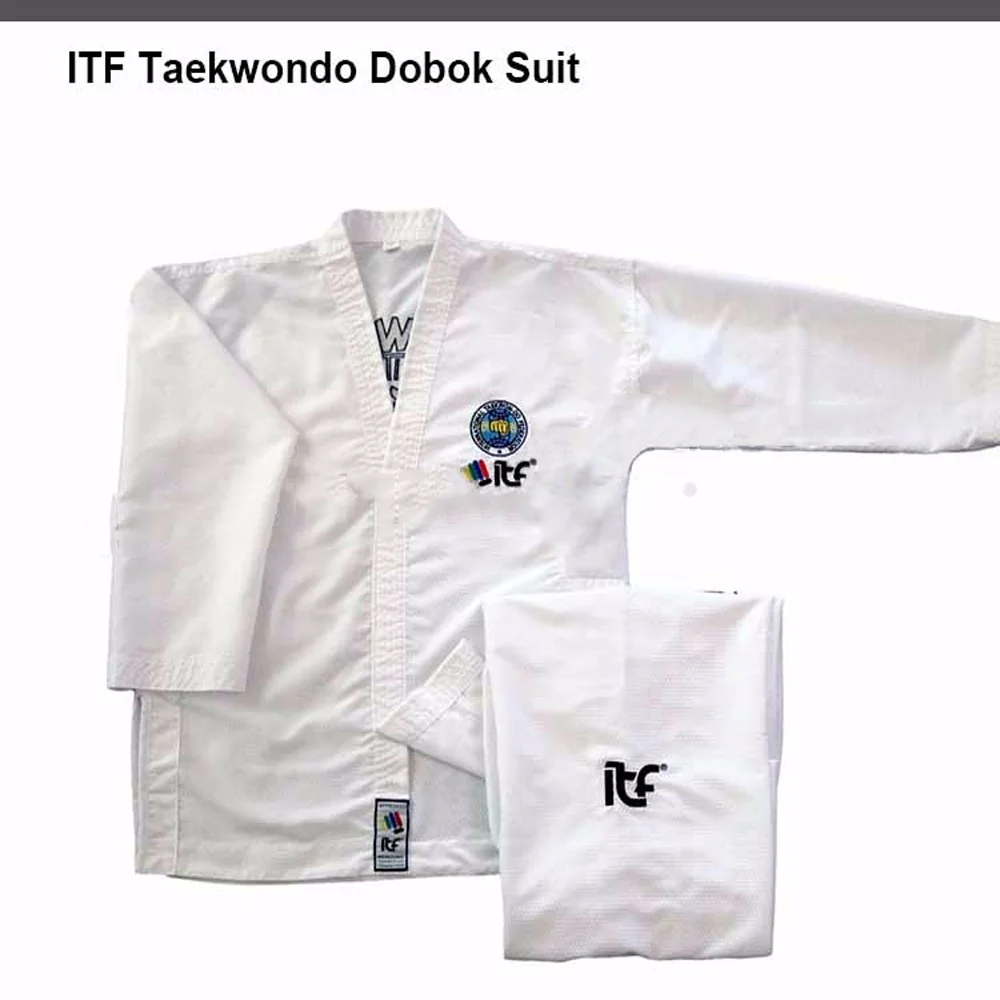 ITF zatwierdzony Taekwondo biały bawełniany Doboks Student z haftem Kimono wzór Taekwondo sztuki walki jednolite dla dorosłych dzieci