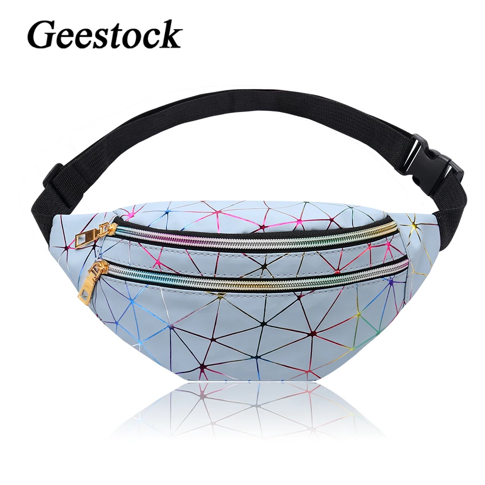 Geestock Holographic Waist Pack Bags for Women Glitter Fanny Pack Waterproof Belt Bag Fashion Laser Waist Pack Phone Pouch