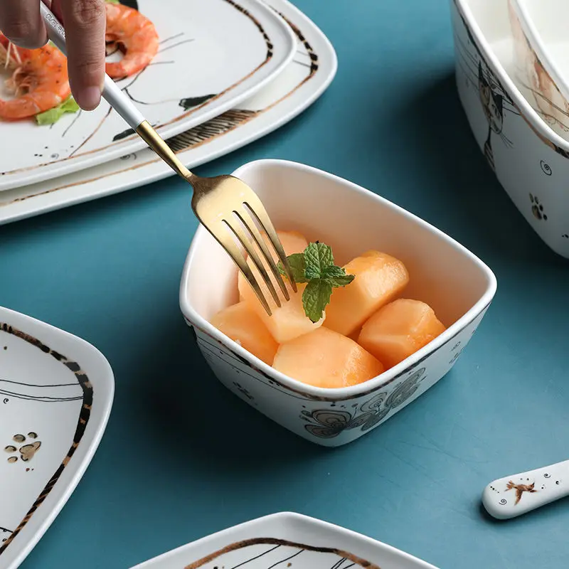 Cute Cartoon Cat Ceramic Tableware Household Soup Noodle Bowls Fruit Steak Food Plate Dishes Creative Porcelain Dinnerware