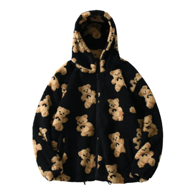 Little Bear Pattern Furry Hoodie 2021 Winter Clothes Warm Plush Sweet Pullovers Women Vintage Korean Style Loose Cute Sweatshirt