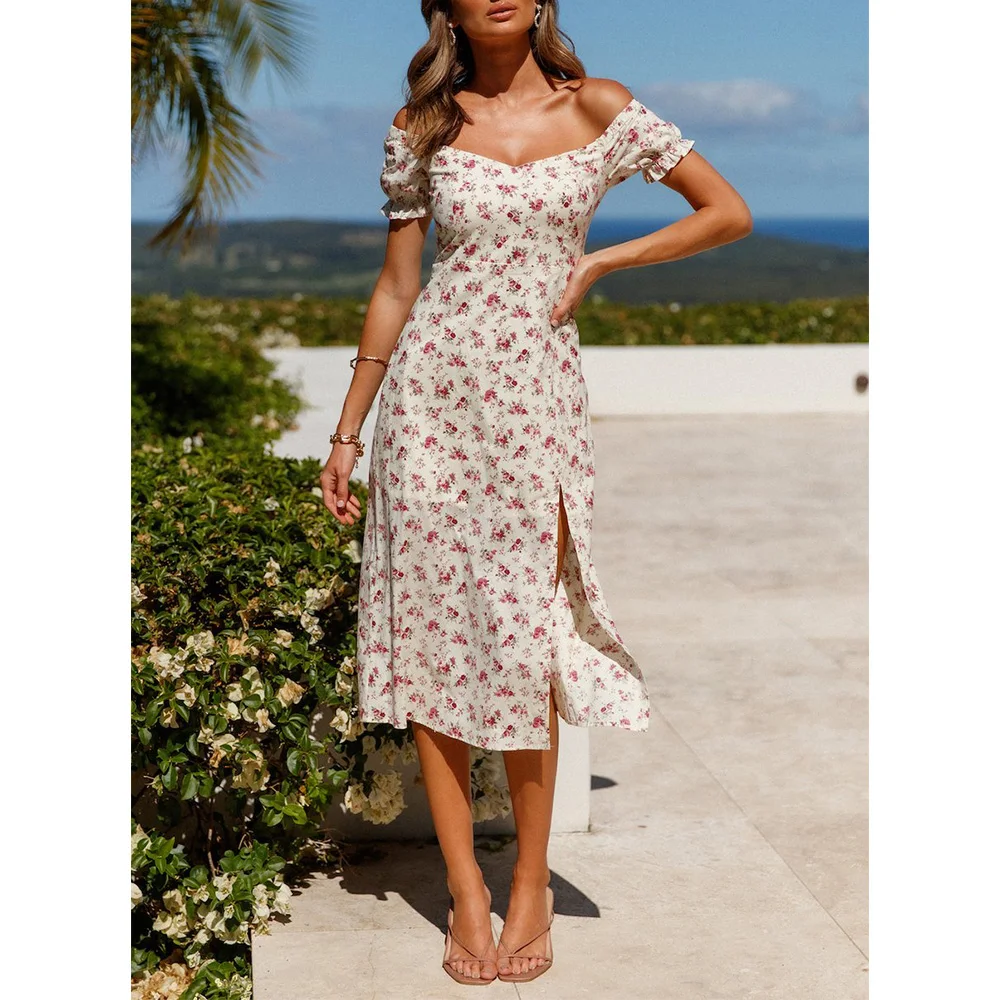 Dresses For Women 2021 Vintage Floral Print Summer Boho Beach Dress Short Sleeve Off Shoulder Sexy Side Slit Elegant Midi Dress