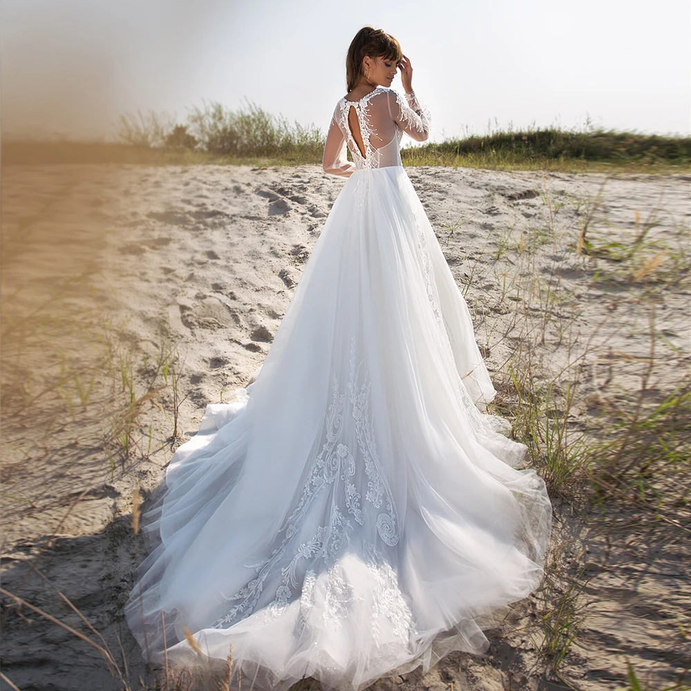 A-Line Tulle Long Sleeve Wedding Dress 2024 Sheer O-Neck Lace Appliques Sweep Train Boho Bridal Gown Open Back Vestidos De Novia