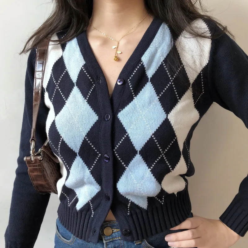 Fashion Argyle Cardigan Sweater Women New Fall Soft Cotton Knitted Hot Tide V-neck Thick Winter Korean Casual Simple Chic Jacket