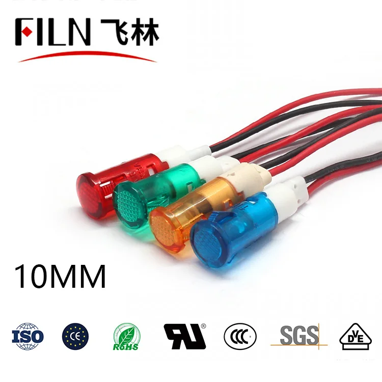 

FILN 10mm 12v 24v 220v 110v Plastic Wired Terminal signal lamp led indicator light with wire