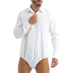 Mens Adult Bodysuit Shirt Tops Male One Piece Lingerie Long Sleeves Button Down Snap Crotch Soft Casual Romper Corset Shirts