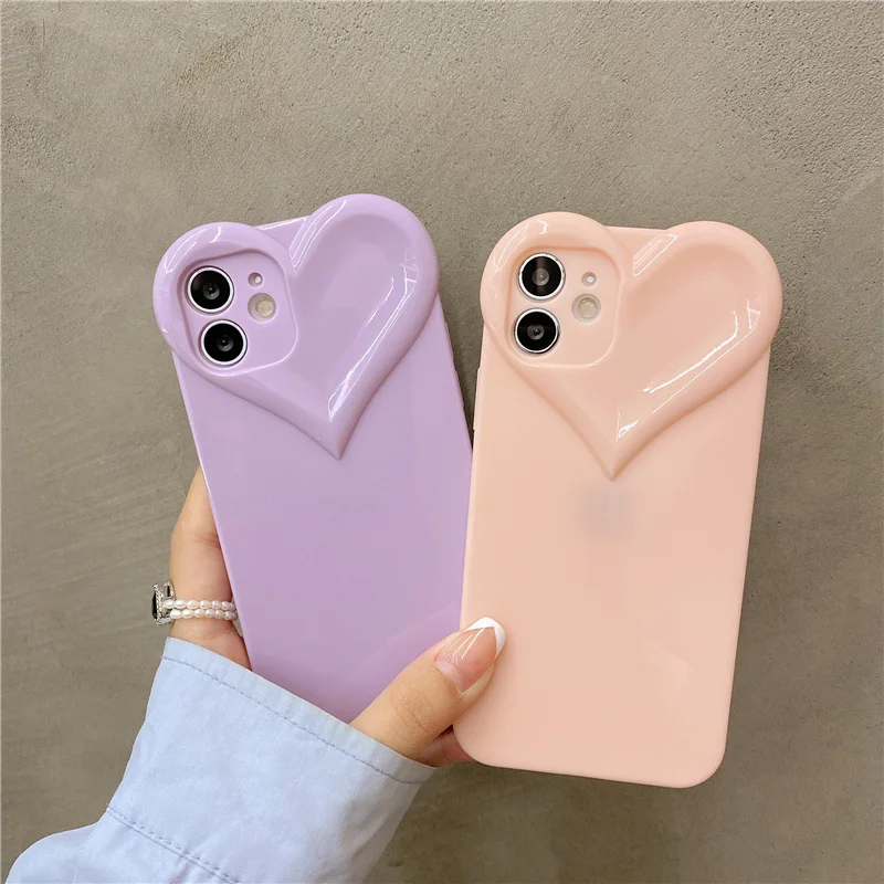 3D Love Heart Cute Phone Case For iPhone 14 11 12 13 15 Pro Max X XR XS 7 8 Plus Candy Color Solid Soft Silicone Tpu Back Cover