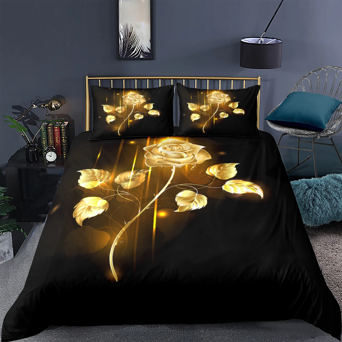 

Golden Bedding Set Black Bed Set Romantic Flowers Print Simple Quilt Cover Soft For Aults Decor Home Textiles