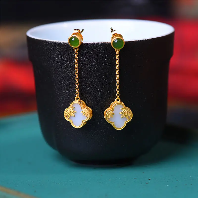 Natural Hetian white jade long plant Earrings Chinese style retro unique ancient gold craft charm women's silver jewelry