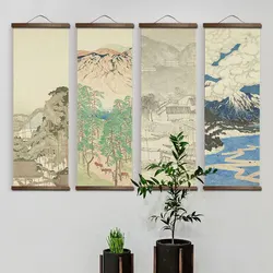 Japanese Style Ink Landscape Alpine Canvas Decorative  Bedroom Living Room Wall Art Posters Chinese Solid Wood Scroll Paintings