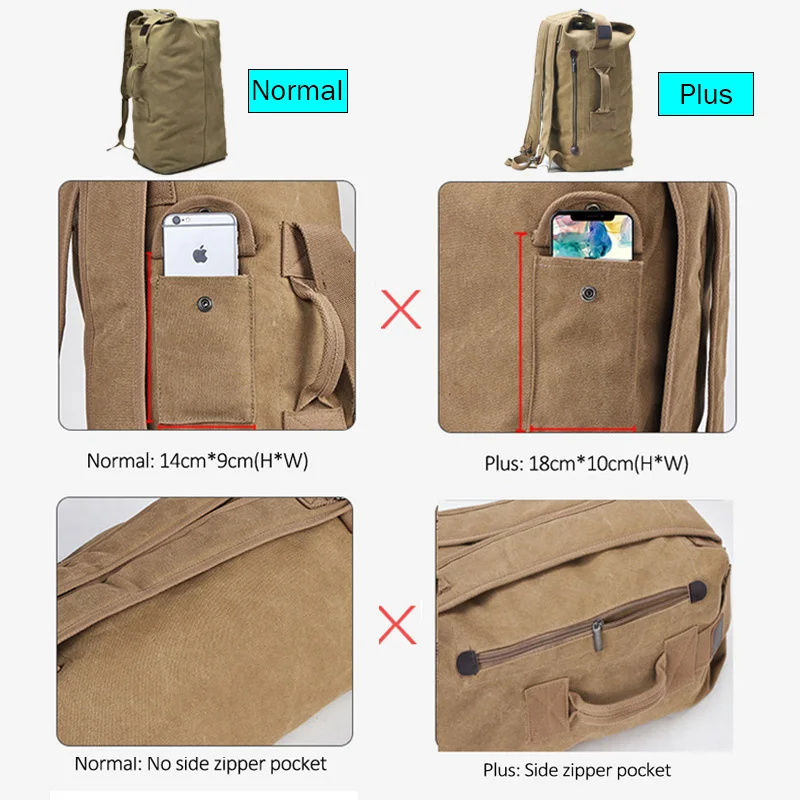 Men Outdoor Bacpkack Luggage Travel Large Bucket Bag Multifunctional Canvas Backpacks Sports Shoulder Bags XA188WA