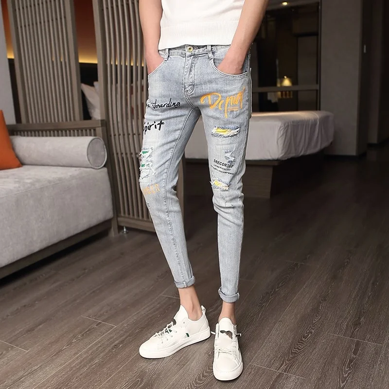 Jeans Slim Mens 2022 Summer New Vintage Pockets Hole Design Stretch Korean Style Printing Fashion Casual Ankle Length Pants