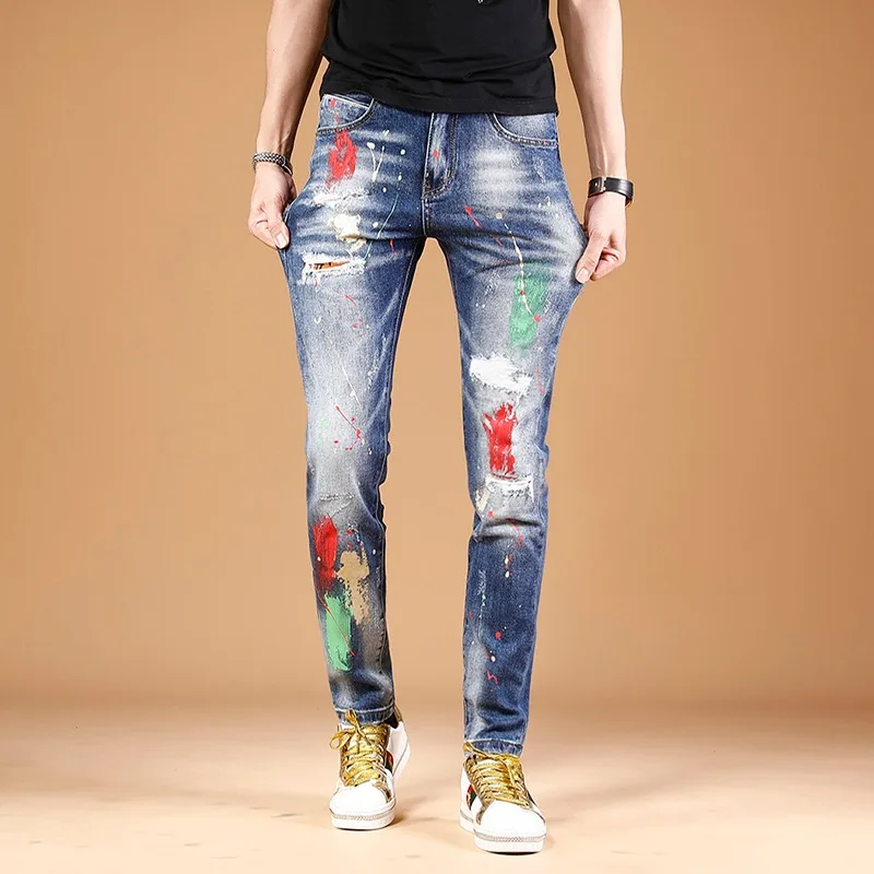 Men Ripped Jeans Streetwear Pants Graphic Printed Patches Blue Jean Homme Fashion Hip Hop Clothing Straight Leg Denim Trousers
