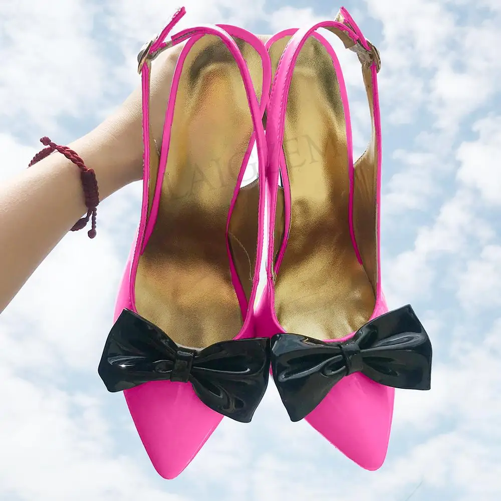 

LAIGZEM/женские разноцветные туфли-лодочки на каблуке с острым носком и бантом, вечерние туфли с босоножками, женские таконы, Zapatos Mujer, большой размер 45, 46 47