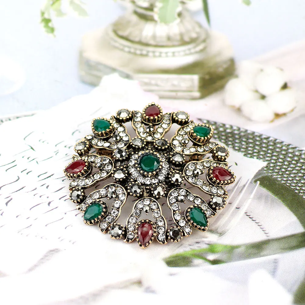 Vintage Turkish Rhinestone Flower Brooch For Women Antique Gold Color Multicolor Resin Round Brooches Broches Party Scarf Pins