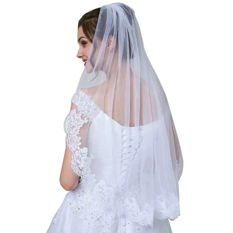 Wit ivoor Elleboog Lengte Sluier Applique Lace Tulle wedding veil bridal veils met kam Bruiloft Accessoires