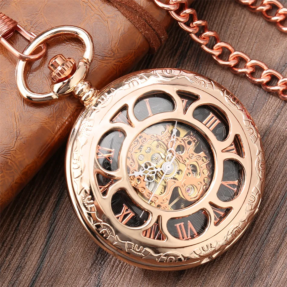 Rose Gold Hollow Flower Roman Numerals Display Mechanical Pocket Watch Exquisite Luxury Pendant Hand-winding Clock with Chain
