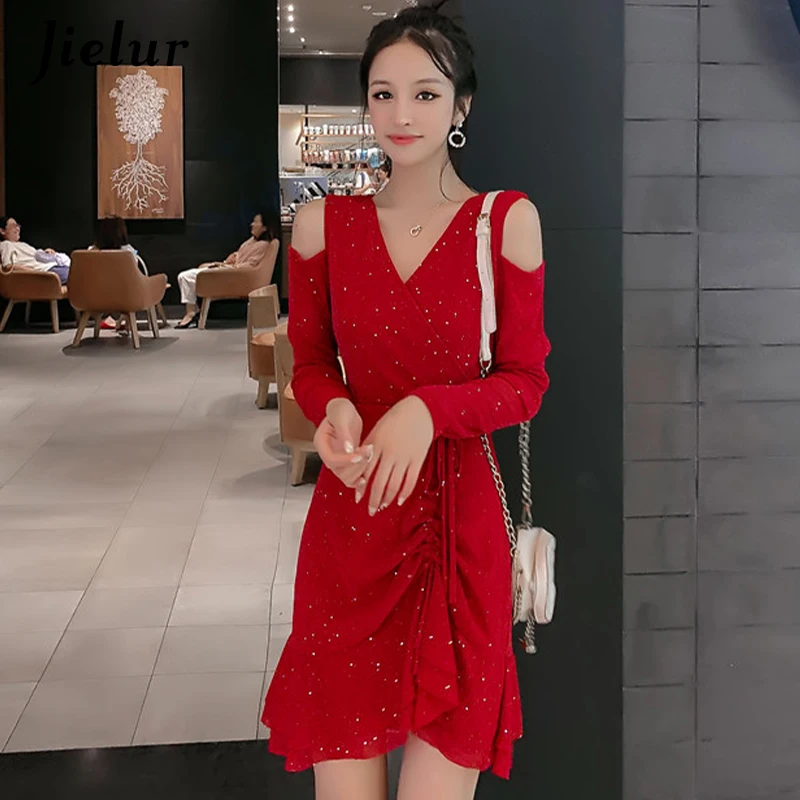 Jielur New Sequined Mesh Red Black Dress Female Off the Shoulder V-neck Women Dresses Fall Ruffled Charming Sexy Vestido S-XL