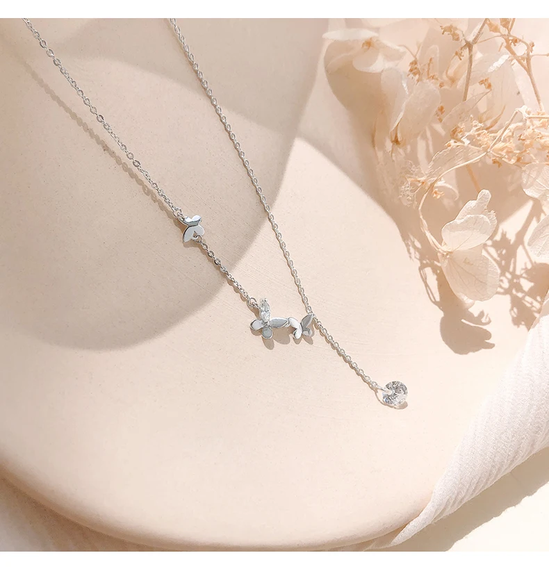 LIVVY Silver Color Butterfly Drop Shaped Crystal Zircon Pendant Necklace For Women Simple Trendy Birthday Party Jewelry Gifts