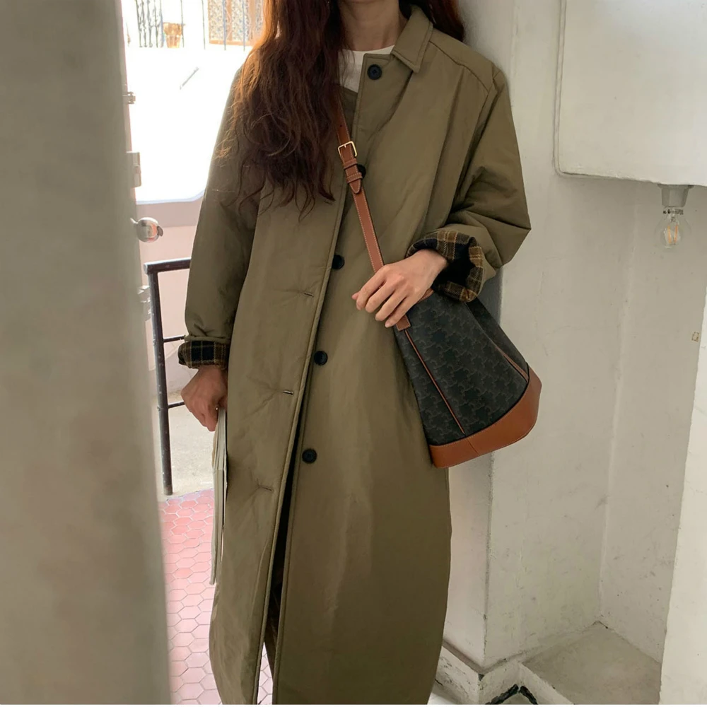 Women Autumn Winter Brief Long Straight Parkas Single Breasted Cotton Coat Jacket Turn-down Collar Overcoat