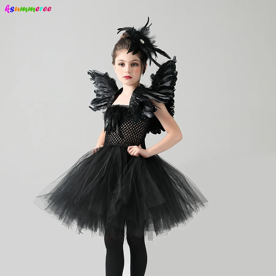 Children Black Swan Lake Ballerina Costume Kids Girls Gothic Witch Swan Halloween Tutu Dress Evil Queen Tutu Feather Dress