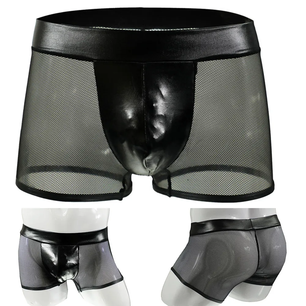 Fashion Men Sexy Faux Leather Boxers Fishnet Oil Shiny Hollow Trunks Black Mesh Nightclub Breathable Briefs Erotic Underwear