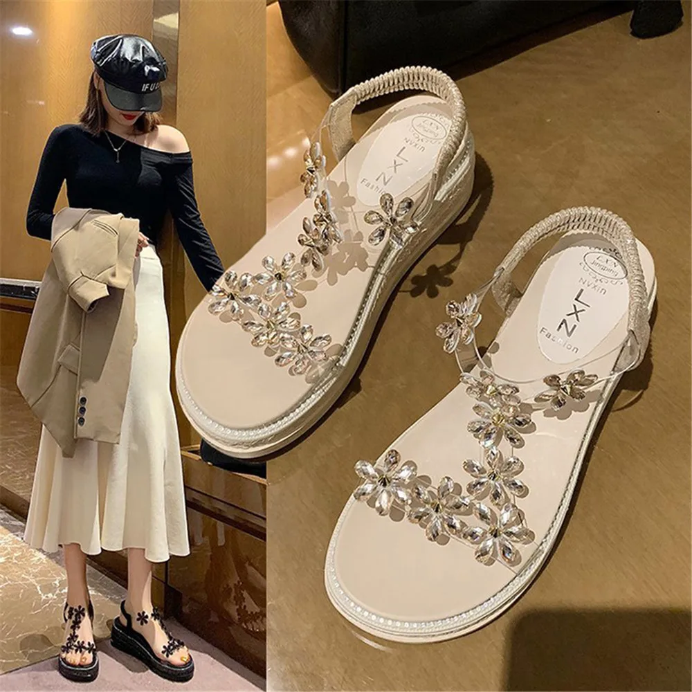 Sandals Women's Summer 2024 New Versatile Fairy Wind Slope Heel Roman High Heel Thick Bottom Muffin Shoes Black Beige Eu 35-40