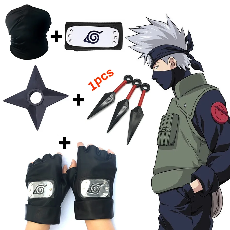 SET Anime Naruto Kakashi headband Mask kunai Gloves Ninja Cosplay Accessories Uchiha Mittens Action Figure Prop Stuff Kids Toy