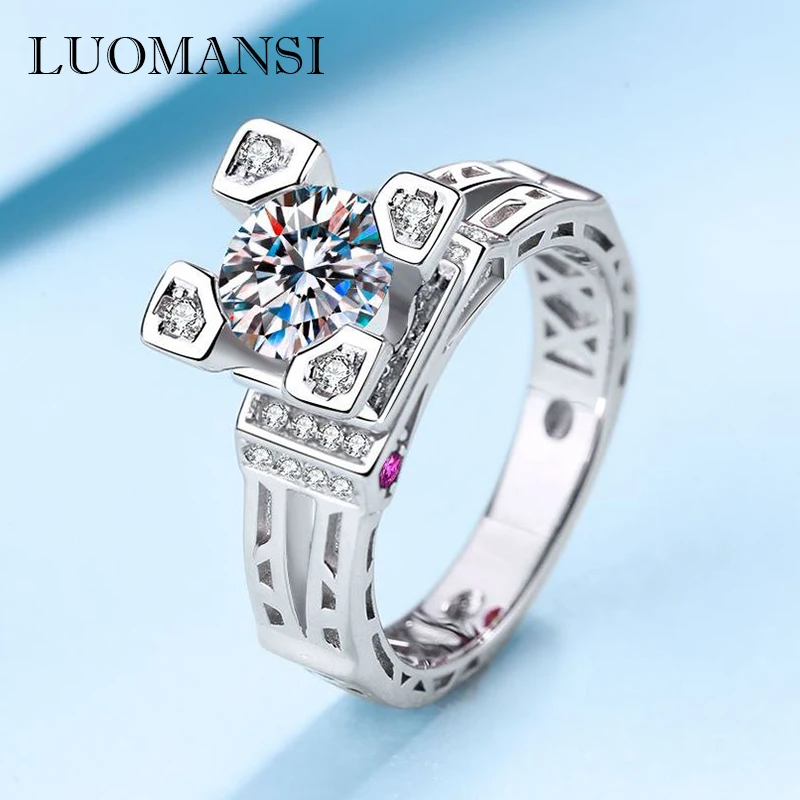 Luomansi 1CT 6.5MM Moissanite Tower Ring with GRA Certificate S925 Silver Jewelry Wedding Party Woman Gift