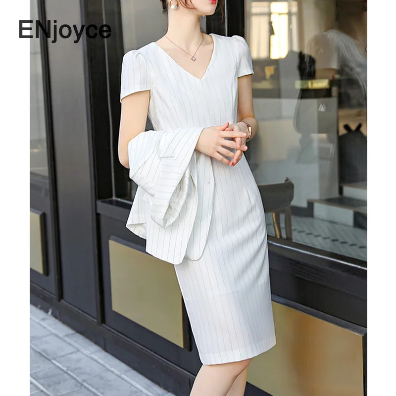 ENjoyce Business Workwear Women Slim Striped Blazer and Dress Two Pieces Set Outfit Office Ladies Uniform Suits Spring Summer