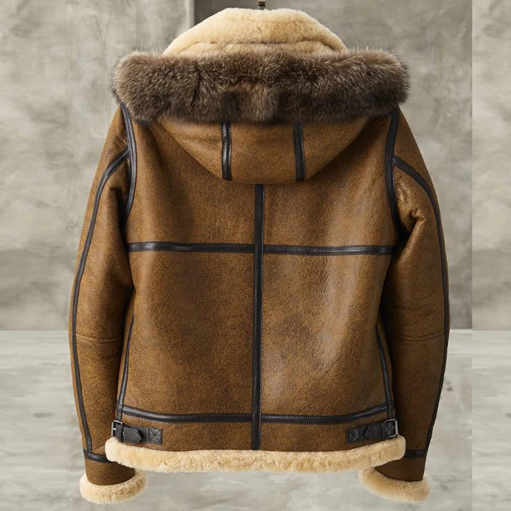 Shearling Jacket Men Detachable Hooded B3 Bomber Jacket Men Shearling Fur Coat Yellowish brown