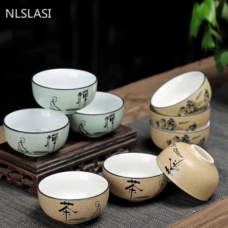 

WSHYUFEI 3pcs/set ceramics tea Cup Longquan Celadon Handmade Tea set Hand painted teacup Personal Cup Master Cup 60ml