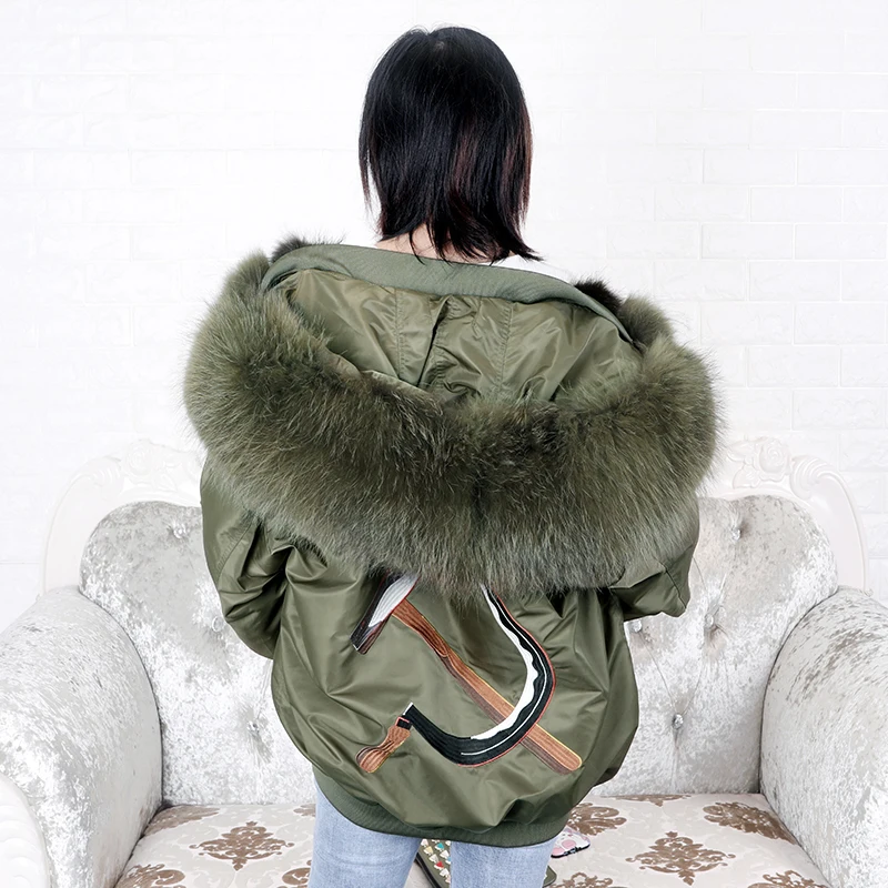 2024 MAOMAOKONG new Loose embroidery real raccoon fur lining winter women's jacket real fur collar coat parkas