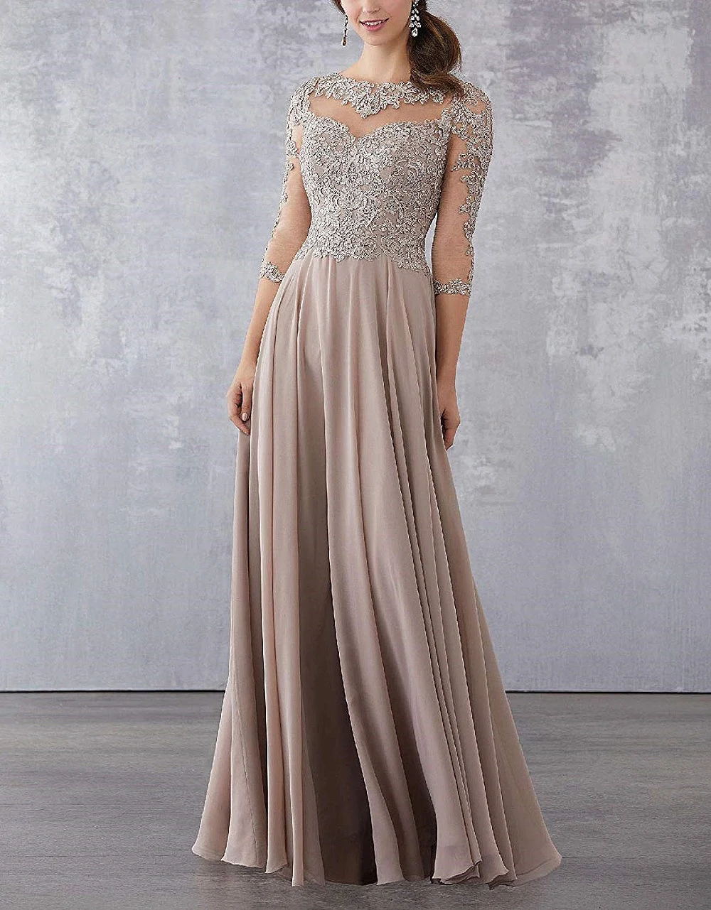 ลูกไม้สีม่วง Applique Beaded ชุดเจ้าสาว Elegant สามแขนยาวชีฟอง Evening Maxi ชุด