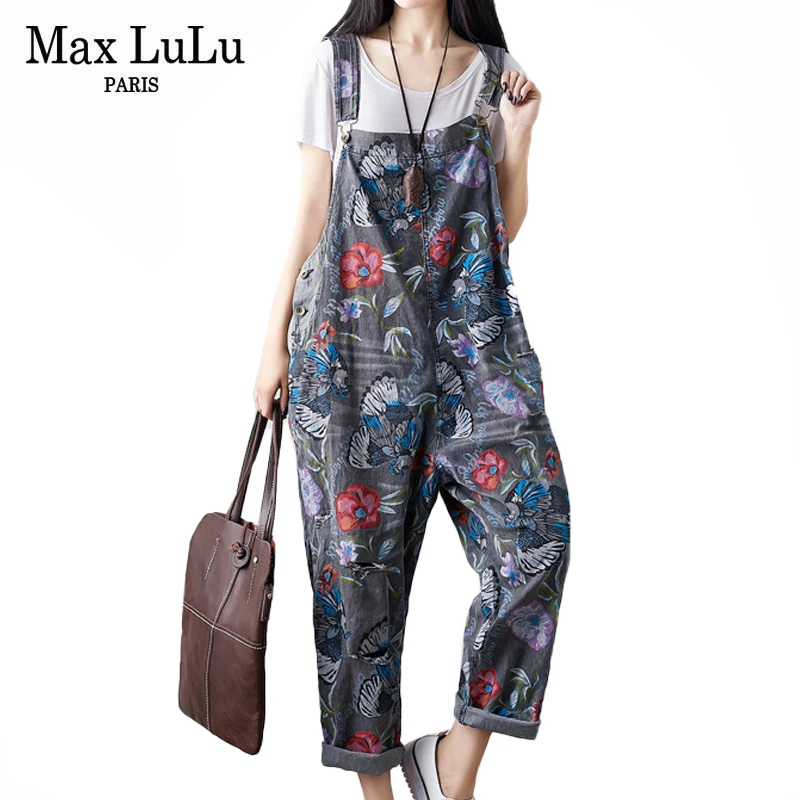 Max Lulu-macacão feminino estampado vintage, calça jeans casual feminina, calça punk rasgada, estilo de moda coreana, verão, nova