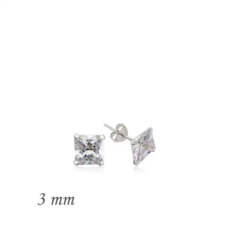 Silver Square Solitaire Zircon Earrings - 3 mm 925 Sterling Women for Jewelry Wedding Party Birthday Gift - Box - Fashion - Girl - Special Days