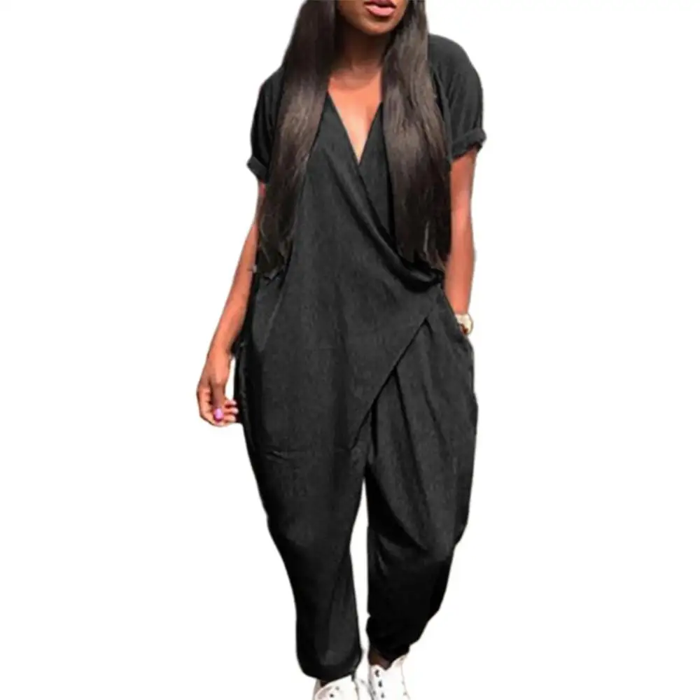 Women Loose Jumpsuit Solid Color Short Sleeve Front Wrapped V Neck Ankle Tied Loose Jumpsuit  skin-friendly Front wrapped v neck