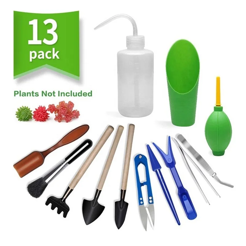 Set di 13 strumenti di piantagione per piante grasse e piante in miniatura, strumenti da giardinaggio: pala, cucchiaio, secchio, fertilizzazione e