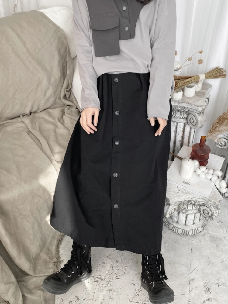 Ladies Half Skirt Spring/Summer New Dark Elastic Waist Pure Cotton Single Breasted Super Loose Multi-Button Design A-Line Skirt