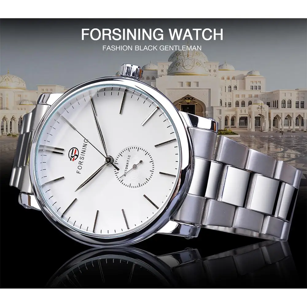 Forsining Mechanical Automatic Mens Watches Classic Man Watches Top Brand Luxury Silver Stainless Steel Business Fashion Clock