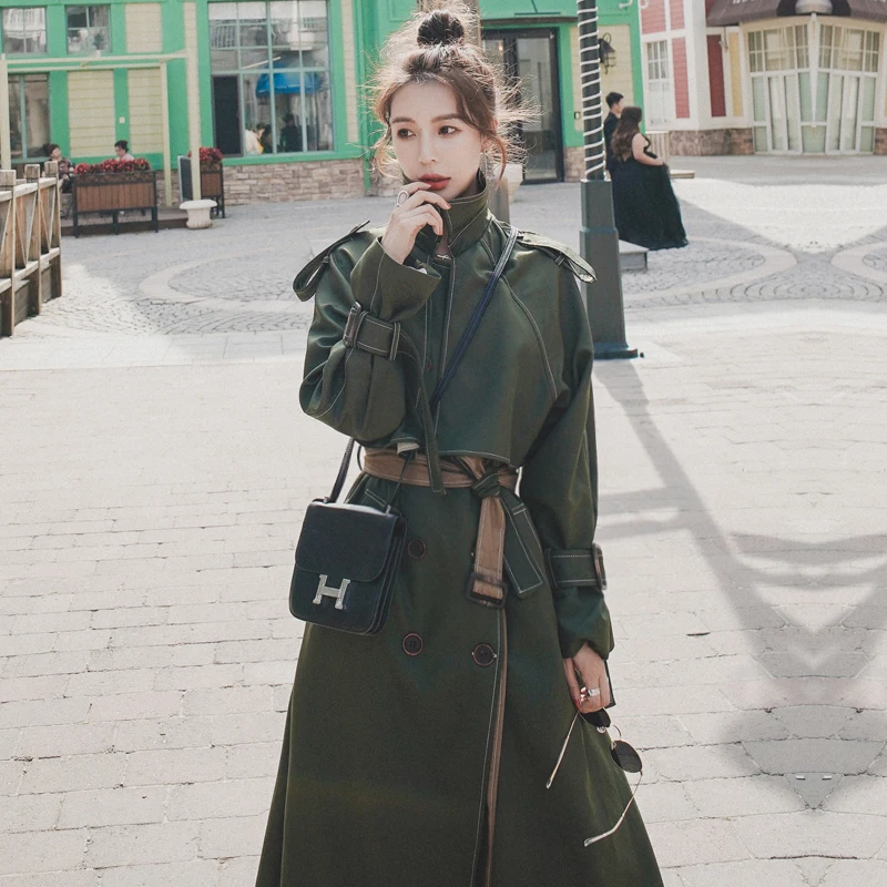 New Fashion Armygreen Fake Two-piece Double breasted Windbreaker Women\'s Clothing 2023 Spring Autumn Long Trench Coats D820