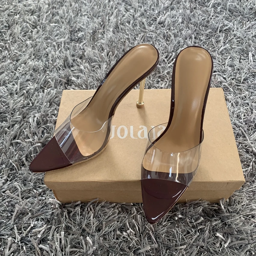 Fashion PVC Women Pumps Summer Pointed Toed High Heels Women Metal Stiletto Heel Sandals Slippers Woman Party Mules Shoes