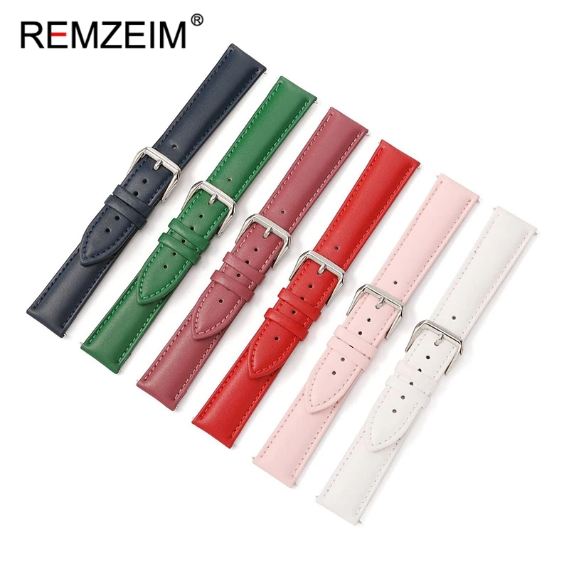 REMZEIM Genuine Leather Watch Band 14mm 16mm 18mm 20mm 22mm Green Blue Red Purple White Calfskin Leather Watch Straps